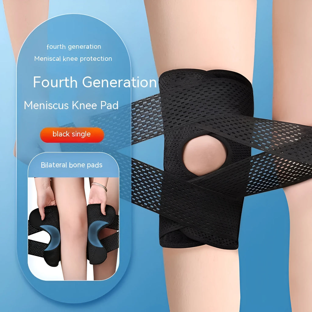 Black and white mesh fabric knee protective sleeve for injury recovery during sports.
