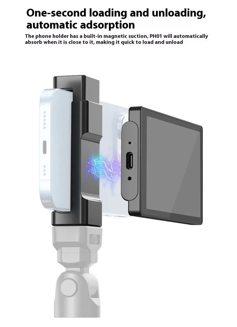 Mobile phone selfie mirror display screen with magnetic suction phone clip, Bluetooth remote control, storage bag, and charging cable.