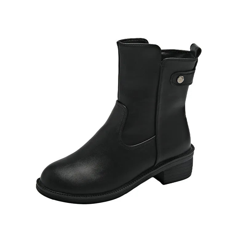 Black women's short boots with side zipper and low heel