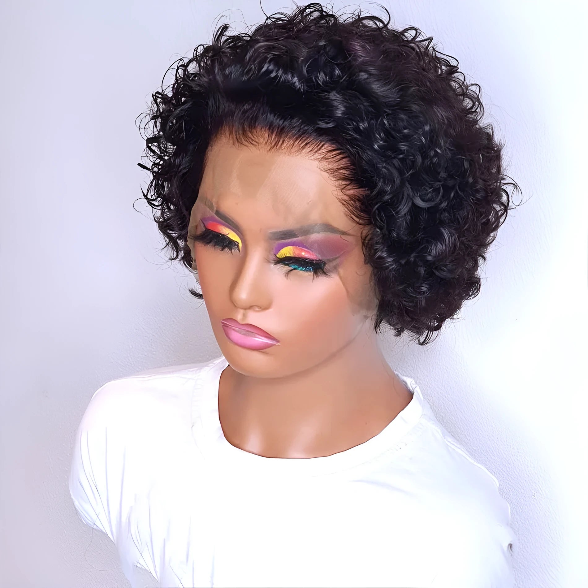 Black human hair lace front pixie wig in colour 13x1 on a model.