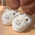 Cartoon-patterned women's suede plush slippers in milky white colour with round-toe design