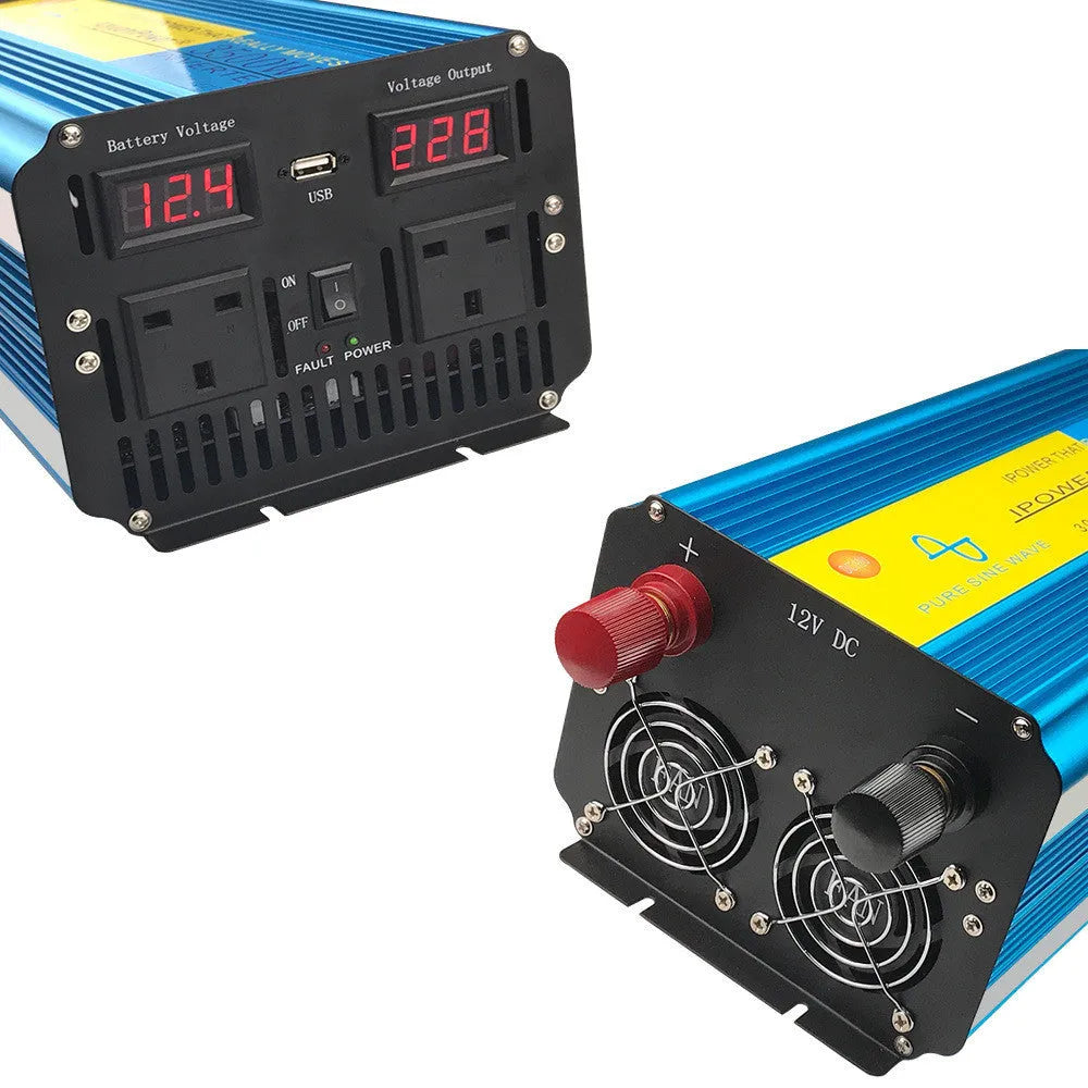 Blue 3000W pure sine wave power inverter with digital displays and remote control for car 12V to 220V conversion