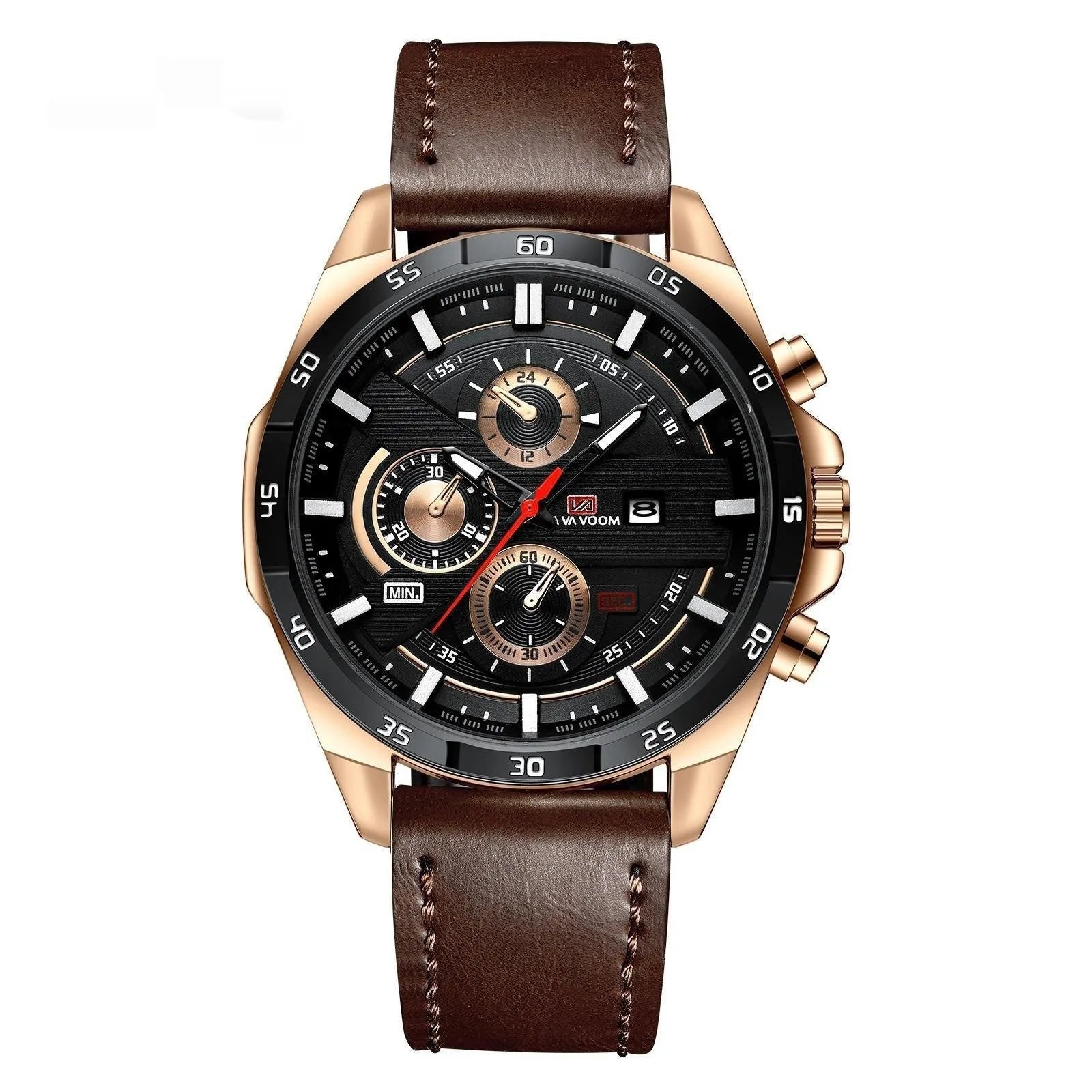 Men's waterproof calendar quartz watch with leather strap and metal case options