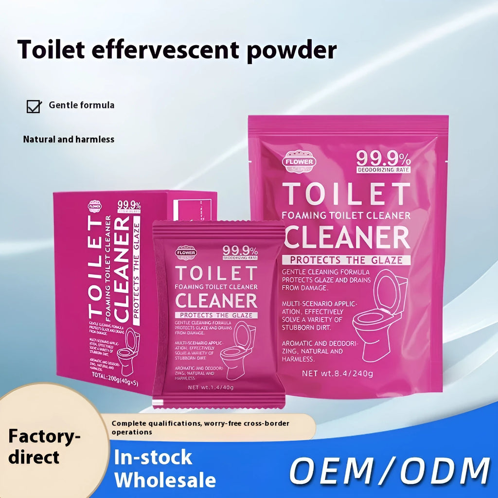 Toilet bubble powder descaling cleaner in blue ocean and pink floral fragrance packages