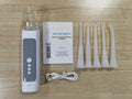 Milky white manual tonsil stone extractor oral cleaning tool set on a white background