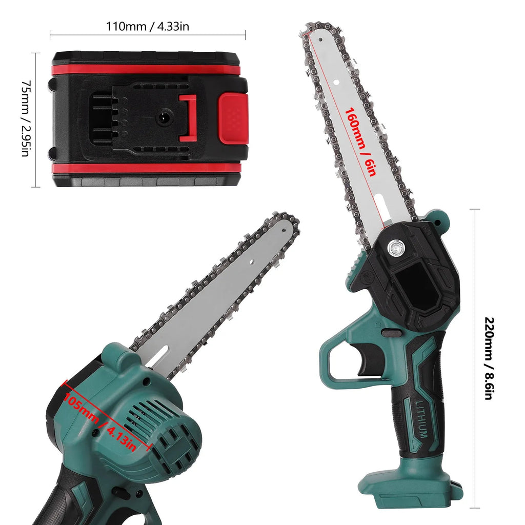 Black mini electric chainsaw with 4-inch guide bar, showing lightweight one-handed design for portable logging