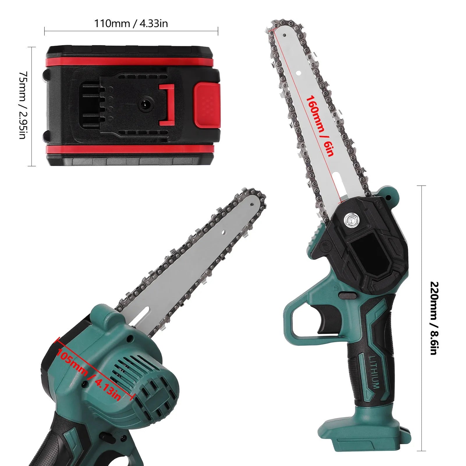 Black mini electric chainsaw with 4-inch guide bar, showing lightweight one-handed design for portable logging