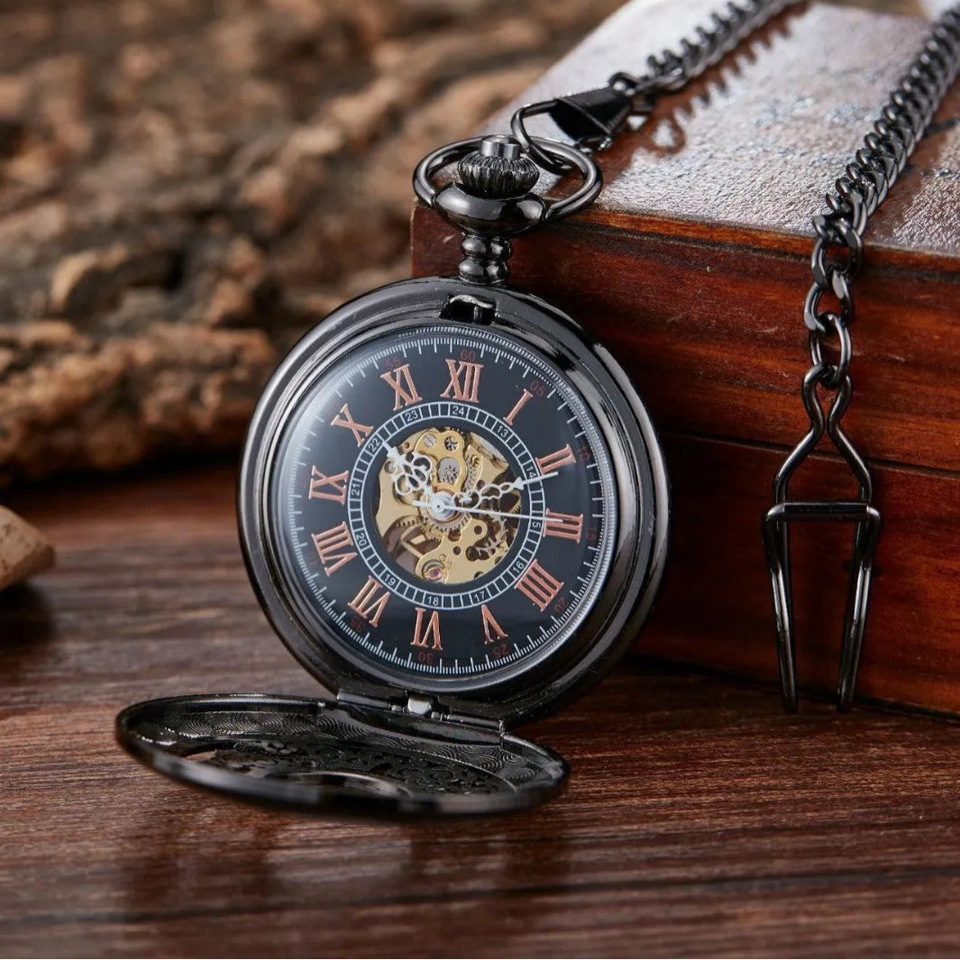 Retro hollow case automatic pocket watch with large floral dial on thick alloy strap