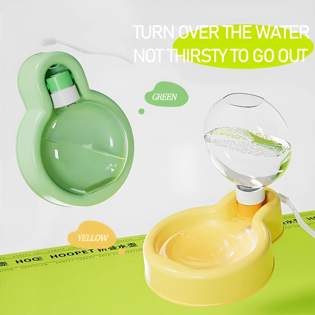 Green orange or yellow 2-in-1 leak-proof dog travel water bottle and bowl for outdoor use.