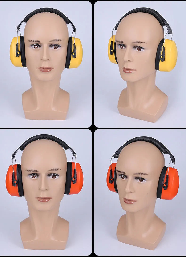Orange noise-cancelling headphones and protective earmuffs with adjustable headband and fabric ear cushions.