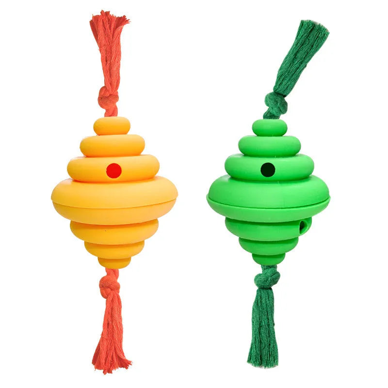 Green and yellow dog ball with knotted rope, a durable interactive toy and food dispenser for large dogs.