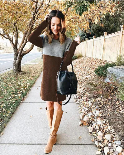 Brown women's patchwork sweater dress with long sleeves and art retro styling