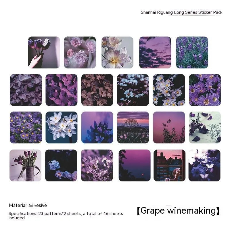Box of Nordic-themed decorative stickers showing designs like flowers, roses, and sunset scenes, each sticker 44mm square.