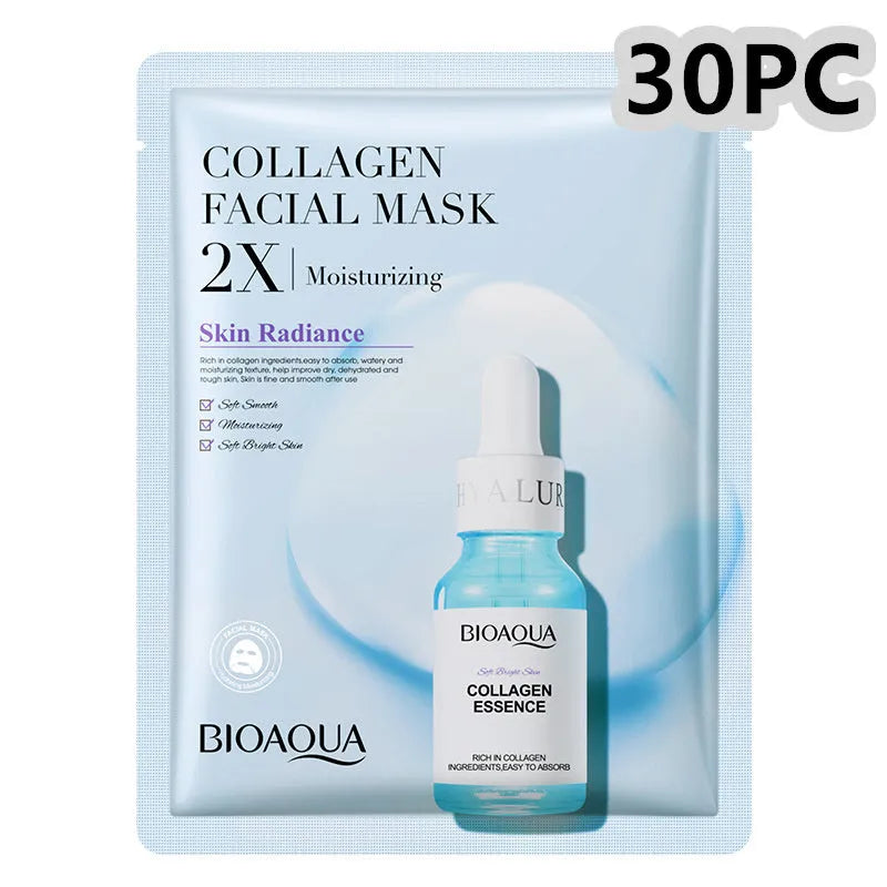 Single-use facial sheet mask with gel serum, shown in Centella, Collagen, Hyaluronic Acid or Vitamin C variants.