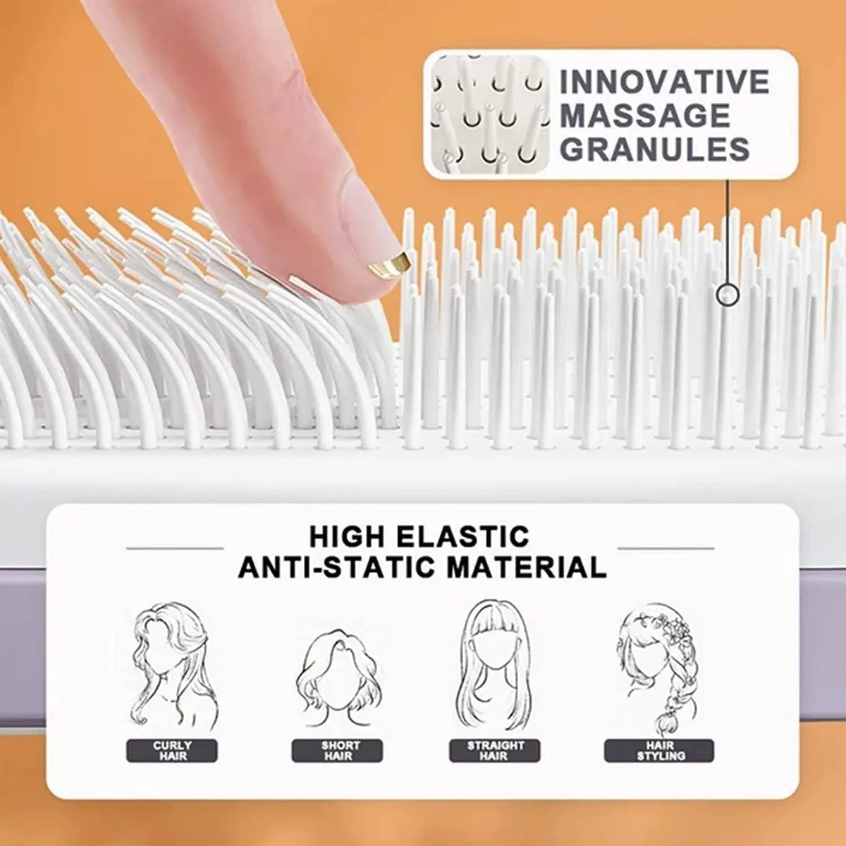 Self-cleaning hairbrush with rotating handle in Roland purple colour showing anti-static teeth and massage comb function