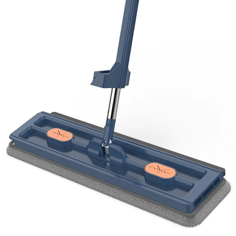 Large flat mop with stainless steel handle and blue cleaning cloths showing 360° rotating head mechanism