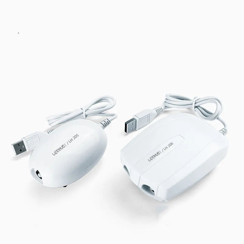 White aquarium air pump mini compressor with steel clip and rubber shockproofing, models LH205 and LH206.