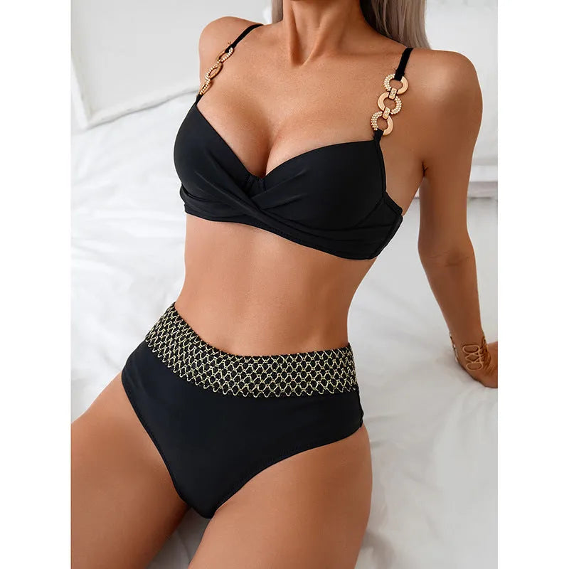 Black women's bikini swimsuit with high elasticity in a European style briefs design.