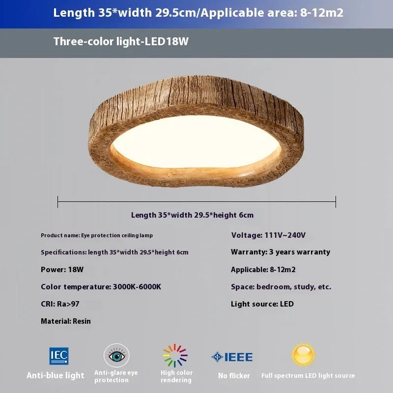 Round wood grain finish ceiling lamp in new Chinese style, showing three size options