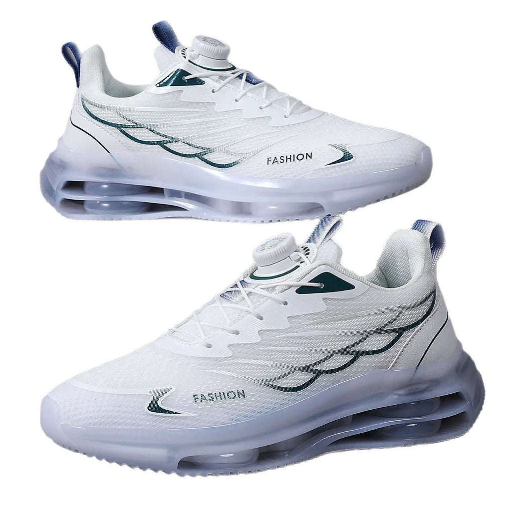 White youth sports casual shoes with rotating button and lace-up closure, mesh upper, and rubber sole.