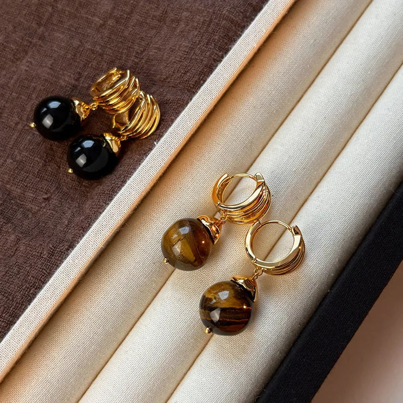 Maillard geometric tigereye earrings with gold plating in brown and black colour options