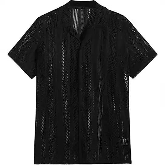 Men's black knitted short-sleeved shirt with jacquard texture and button front in cardigan style