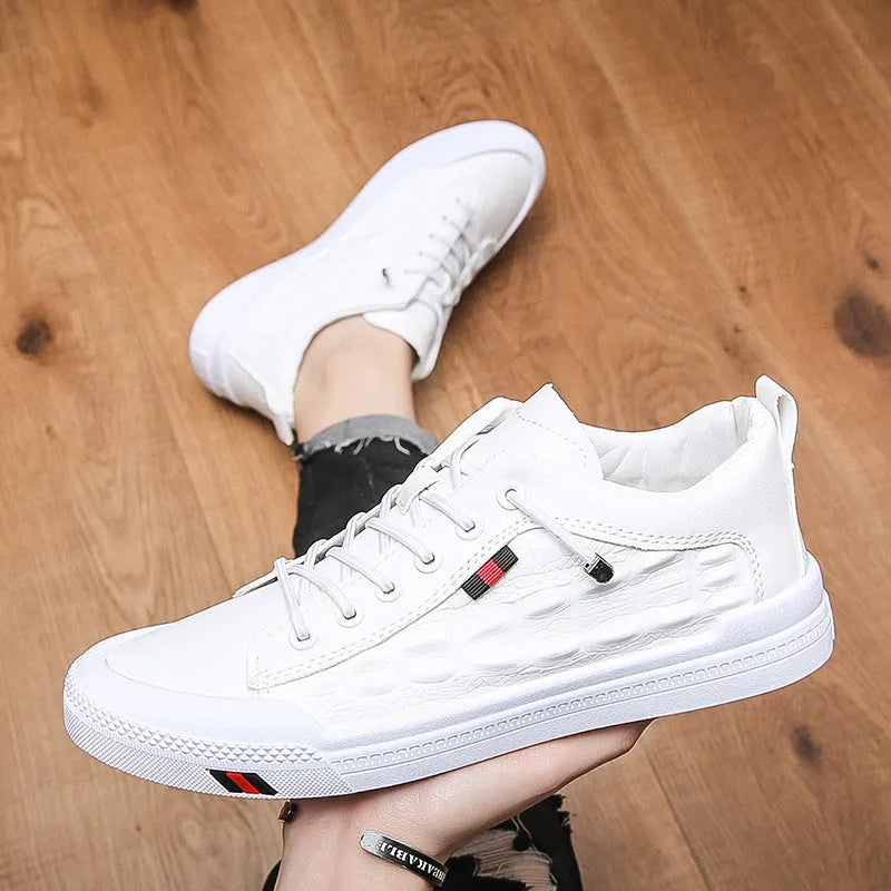 Men's white round toe lace-up sneakers with a PU leather upper and flat rubber sole.
