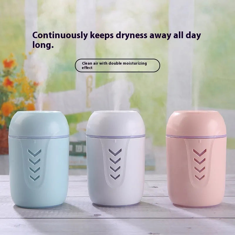 Round portable air purifier unit in white, pink, or blue colour options with USB cable for vehicle and desktop use