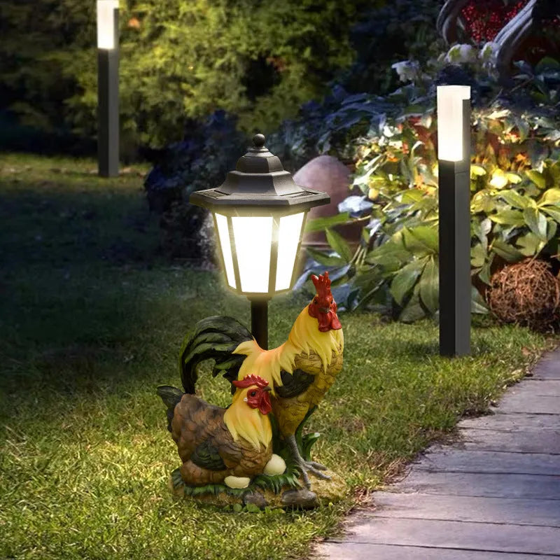 Solar-powered hexagonal garden lamp in American country style resin, showing decorative animal figure design option.
