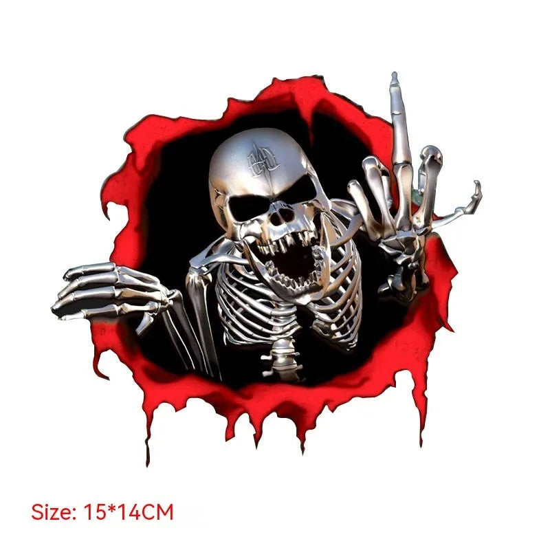 Close-up of a colourful reflective metal skull vinyl car sticker with a broken shell pattern.