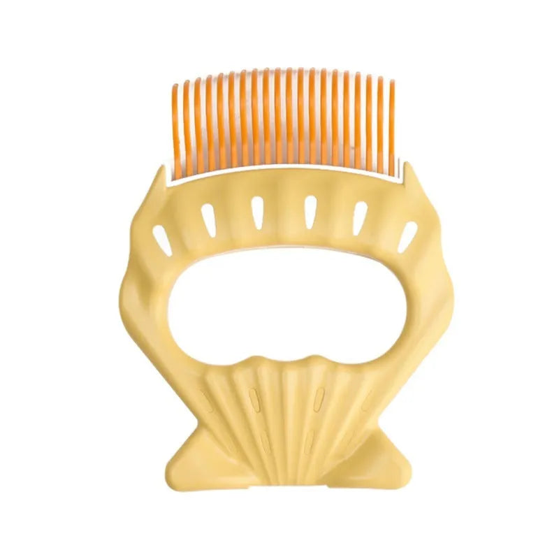 Green shell-shaped pet slicker brush with bent wire bristles and anti-slip handle on a white background.