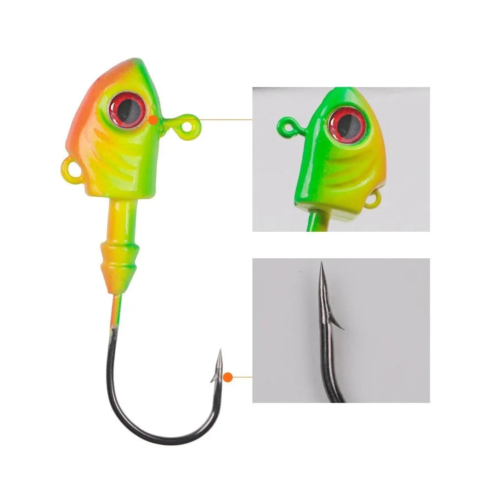 Blue, silver, and yellow lead jig head fishing hooks with fish-shaped weights in various sizes.