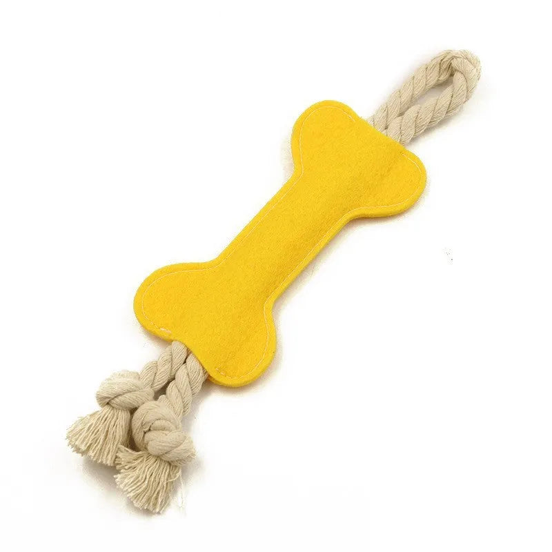Bone-shaped felt dog chew toy with rope knot interior in blue, shown next to a tape measure indicating 16 cm length.