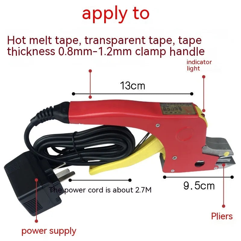 Electric hot melt packing machine kit with yellow tape and plastic steel tensioner, showing UK plug.