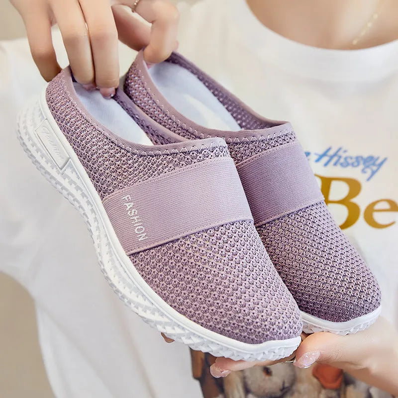 Women's breathable mesh casual flats with hollow out design and flat heel in black, grey, pink, purple colours