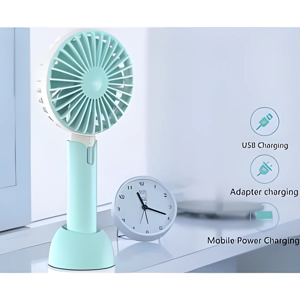 Blue portable USB desktop fan with three-speed control and figure-8 head oscillation