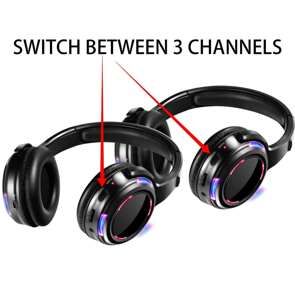 Black silent disco headphones with 3-metre cable and head-mounted design for party hire