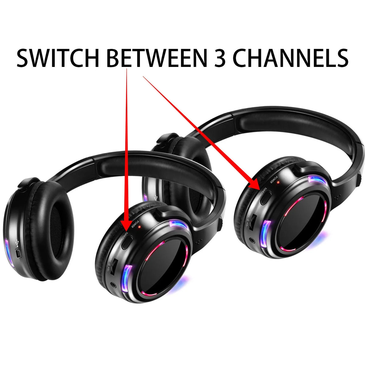 Black silent disco headphones with 3-metre cable and head-mounted design for party hire