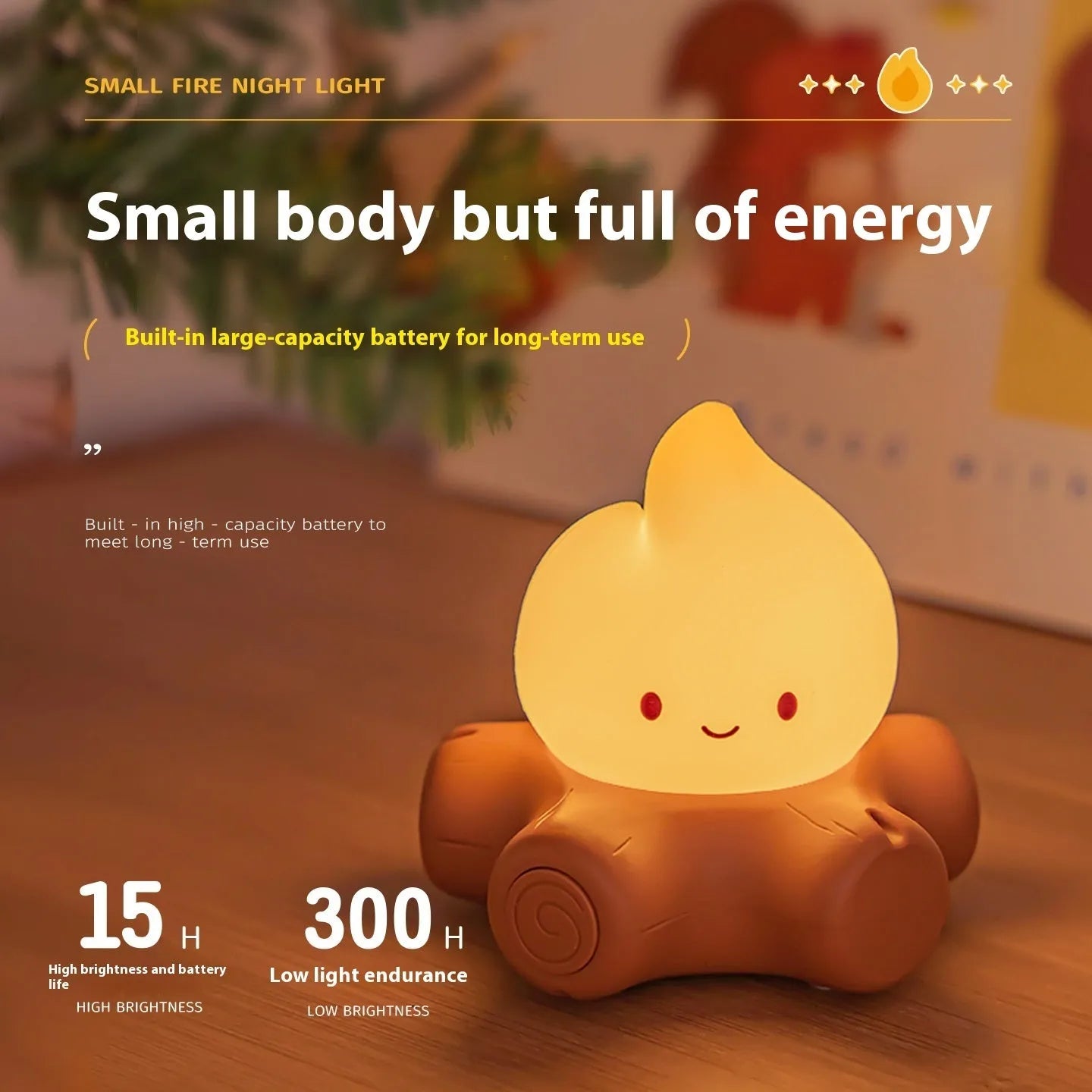 Silicone small fire pile cartoon night light on a surface, showing its yellow glow and compact size.