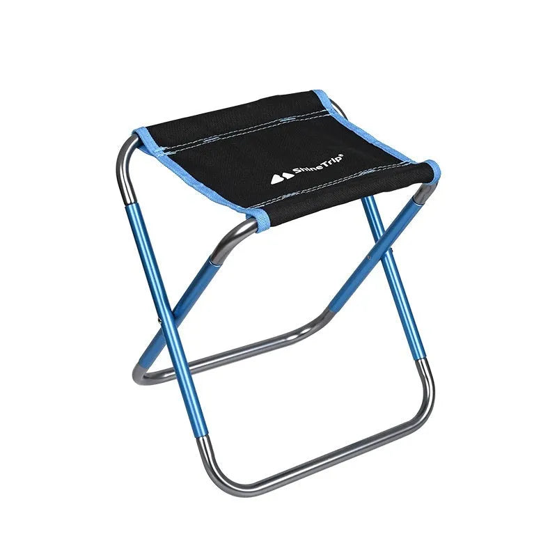 Black folding camping stool with an aluminium frame, shown in both open and folded positions.