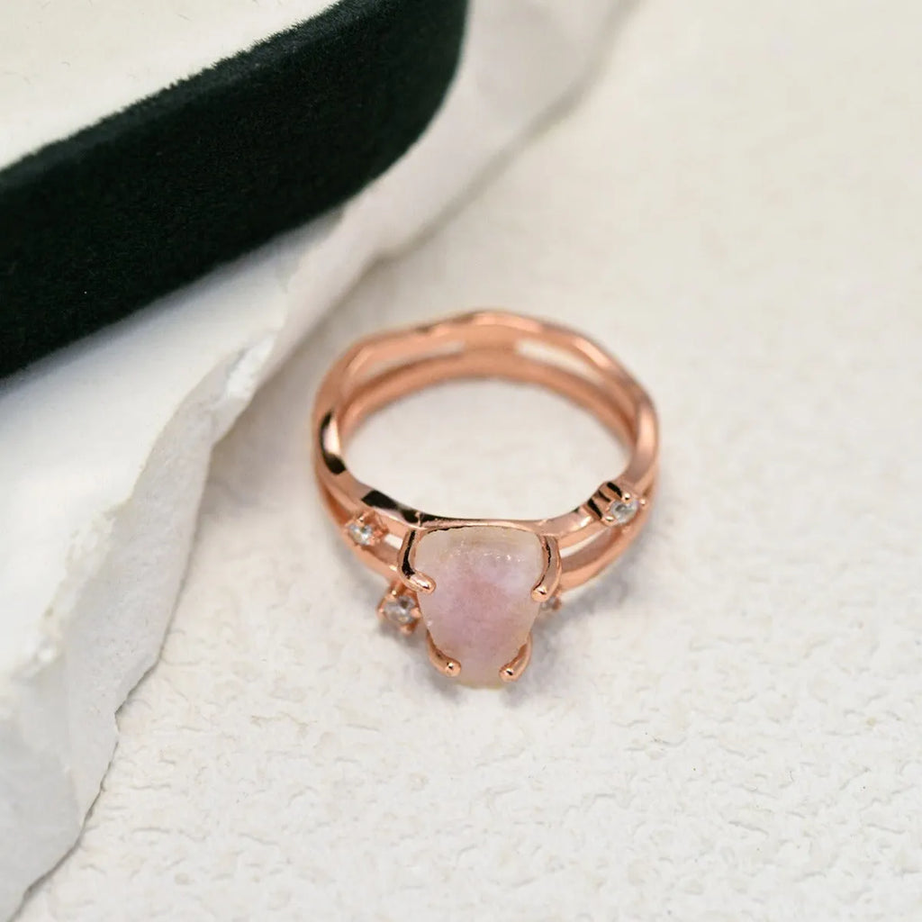 S925 sterling silver irregular triangle ring with a moonstone in rose gold, white gold, or yellow gold finish.