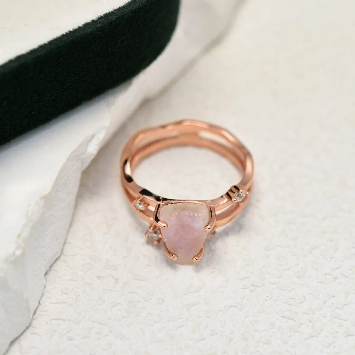 S925 sterling silver irregular triangle ring with a moonstone in rose gold, white gold, or yellow gold finish.