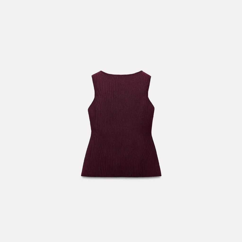Dark red slim fit women's sweater vest with gold buttons and a 3D pattern texture.