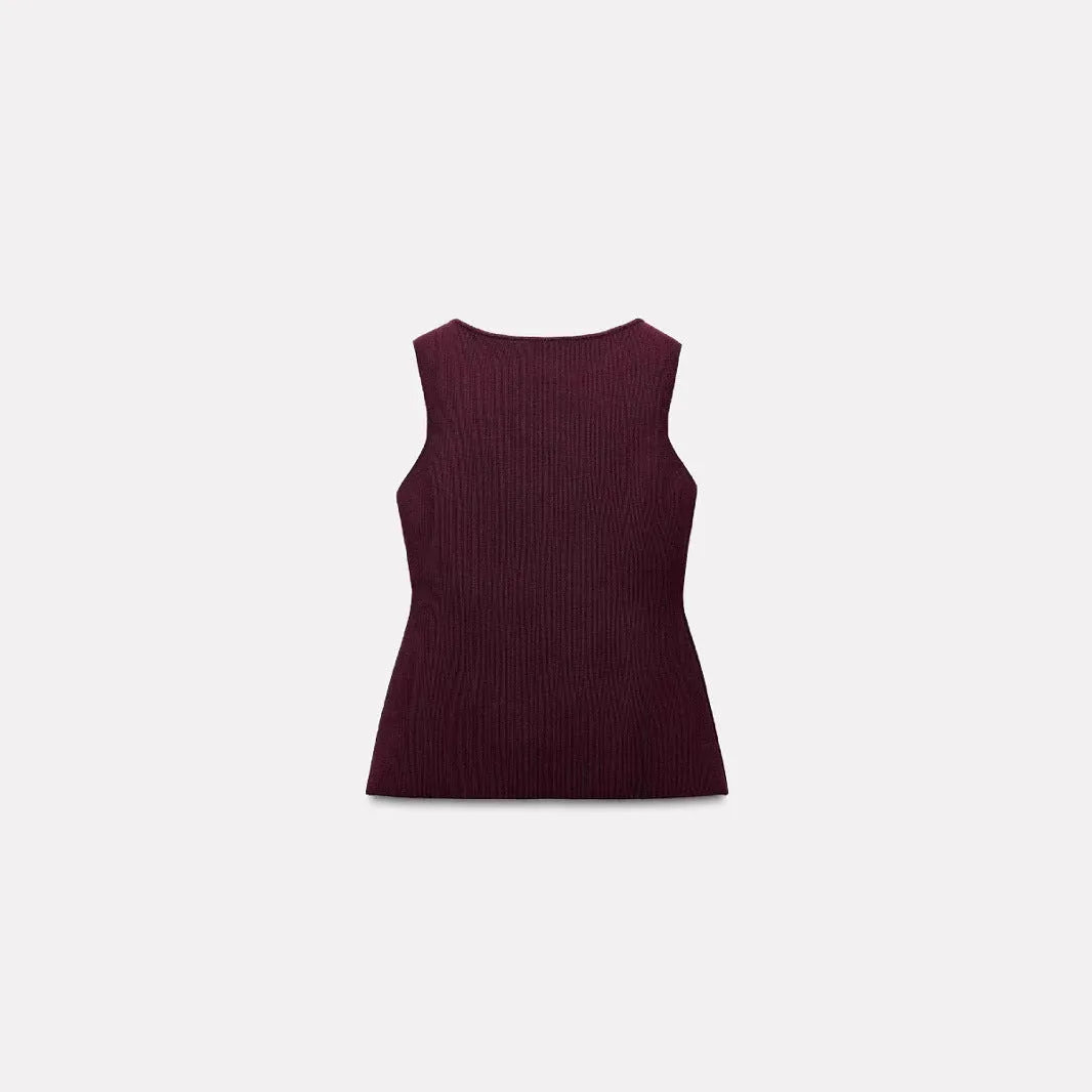 Dark red slim fit women's sweater vest with gold buttons and a 3D pattern texture.