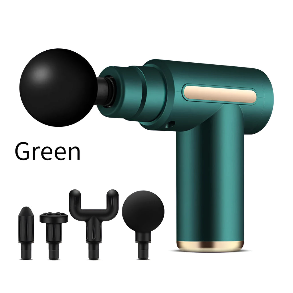Green rechargeable mini fascia gun electric handheld massager for muscle fitness and neck relief