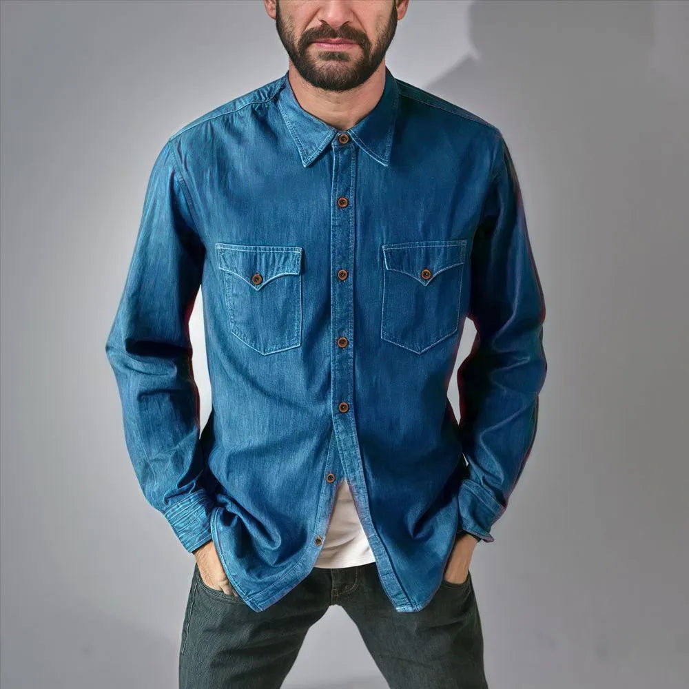 Men's regular fit denim cardigan coat in khaki, shown open over a white t-shirt.