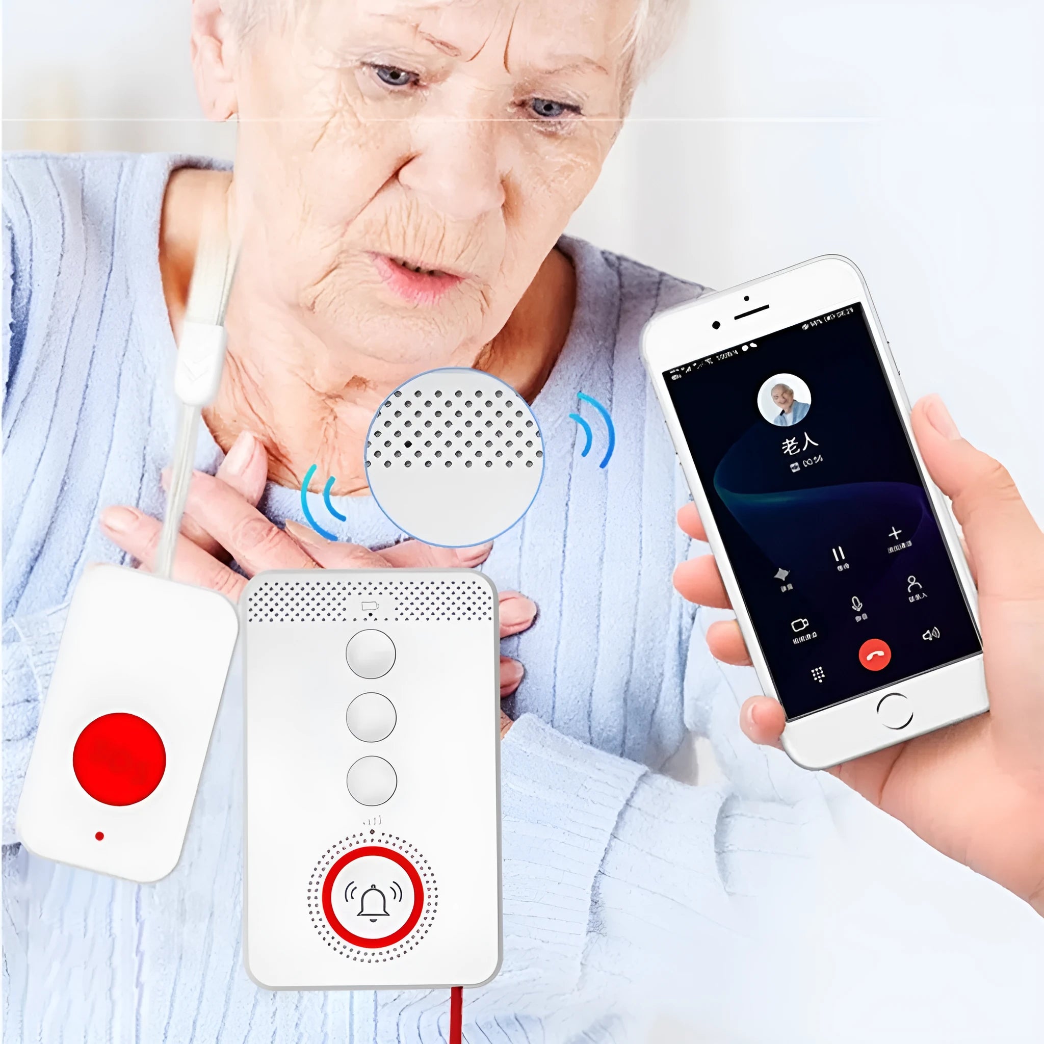 White emergency alert system with one buzzer unit and three wireless emergency buttons for elderly safety