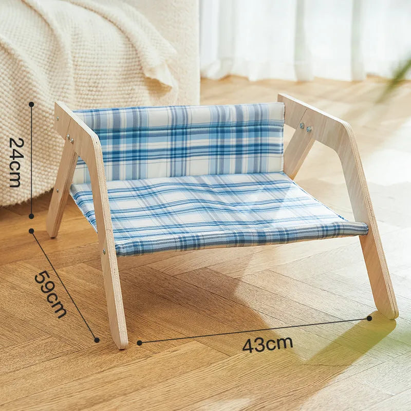 Wooden elevated cat bed hammock with soft cloth cushion in blue colour for indoor cats