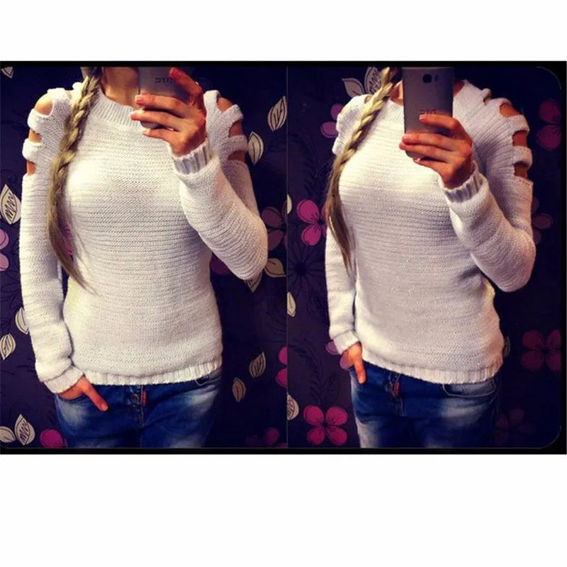 Women's white crocheted hollow-out pullover with long sleeves and textured pattern