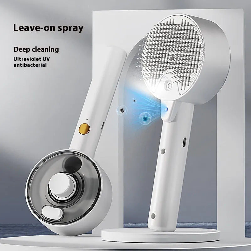 Ceramic white rechargeable pet grooming brush with UVC light, essential oil tank, and soft needles for dogs and cats